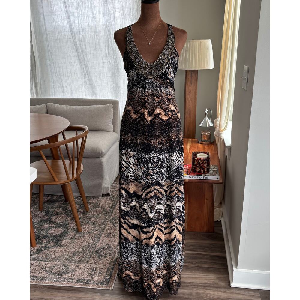 Venus Beaded Halter Maxi Dress Animal Snake Print 2010s Beach Boho Summer Small - Picture 2 of 16